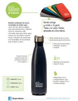 Fresanas botella reutilizable de acero inoxidable con capacidad para 350 m., en 3 colores: azul, rojo y turquesa